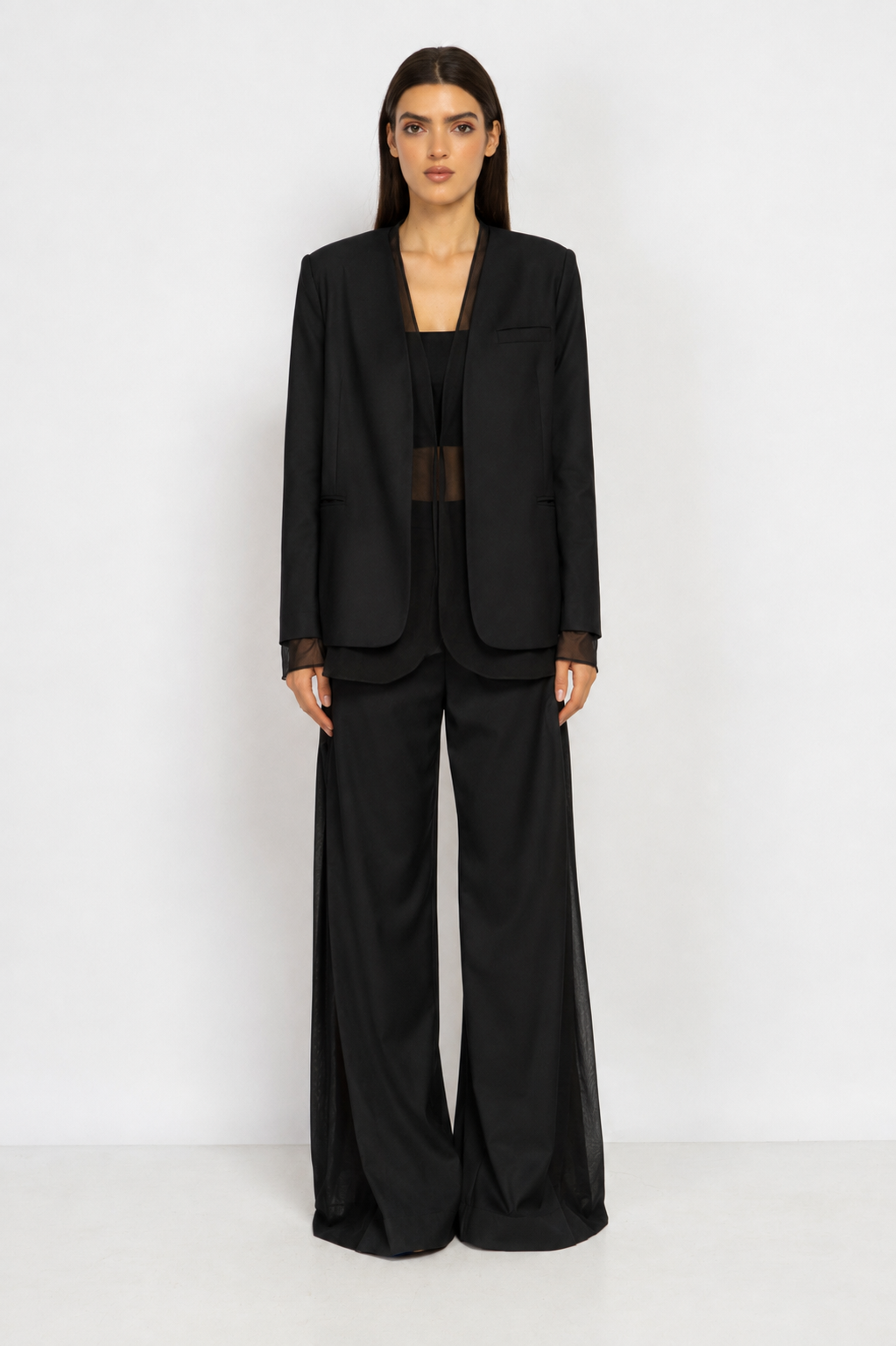 Relaxed-Fit Blazer with Sheer Panel in Black
