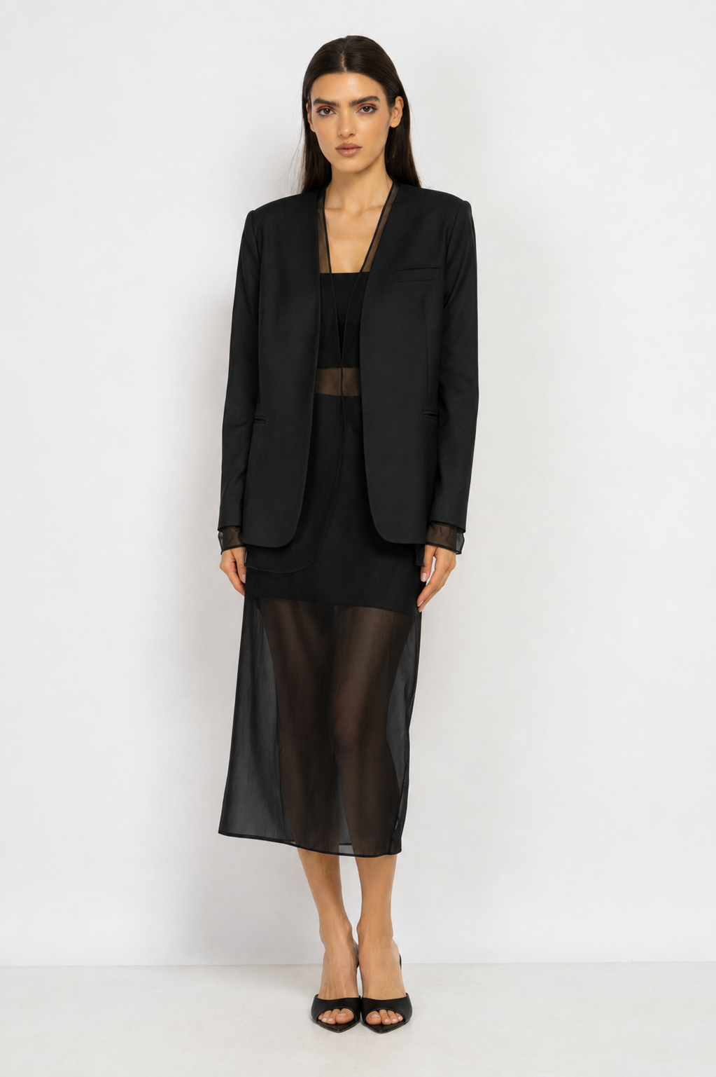 Relaxed-Fit Blazer with Sheer Panel in Black