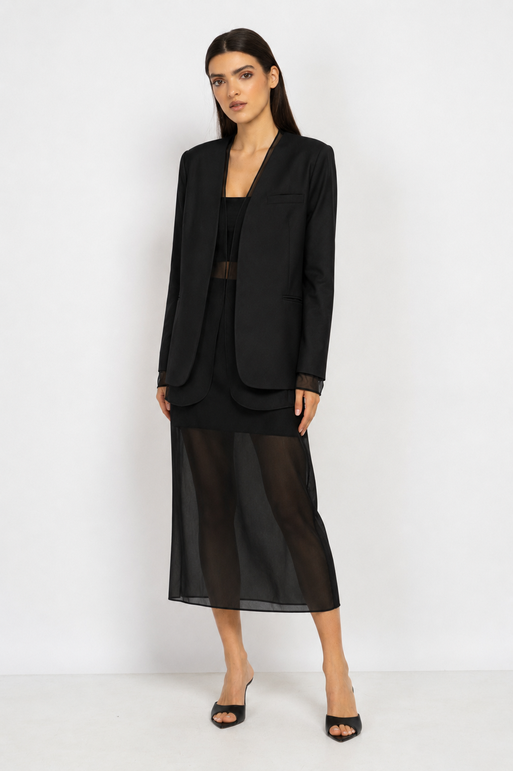 Relaxed-Fit Blazer with Sheer Panel in Black