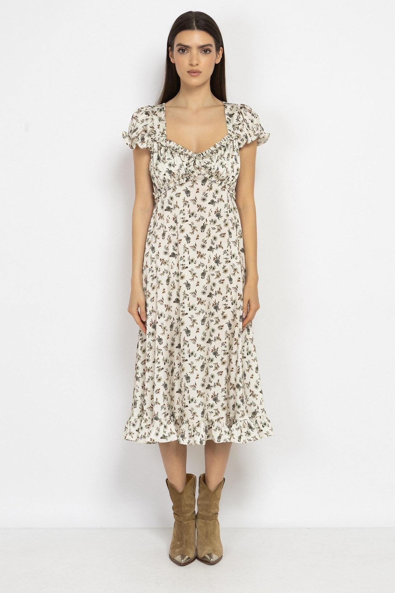 Floral Satin Midi Dress with Puff Sleeves