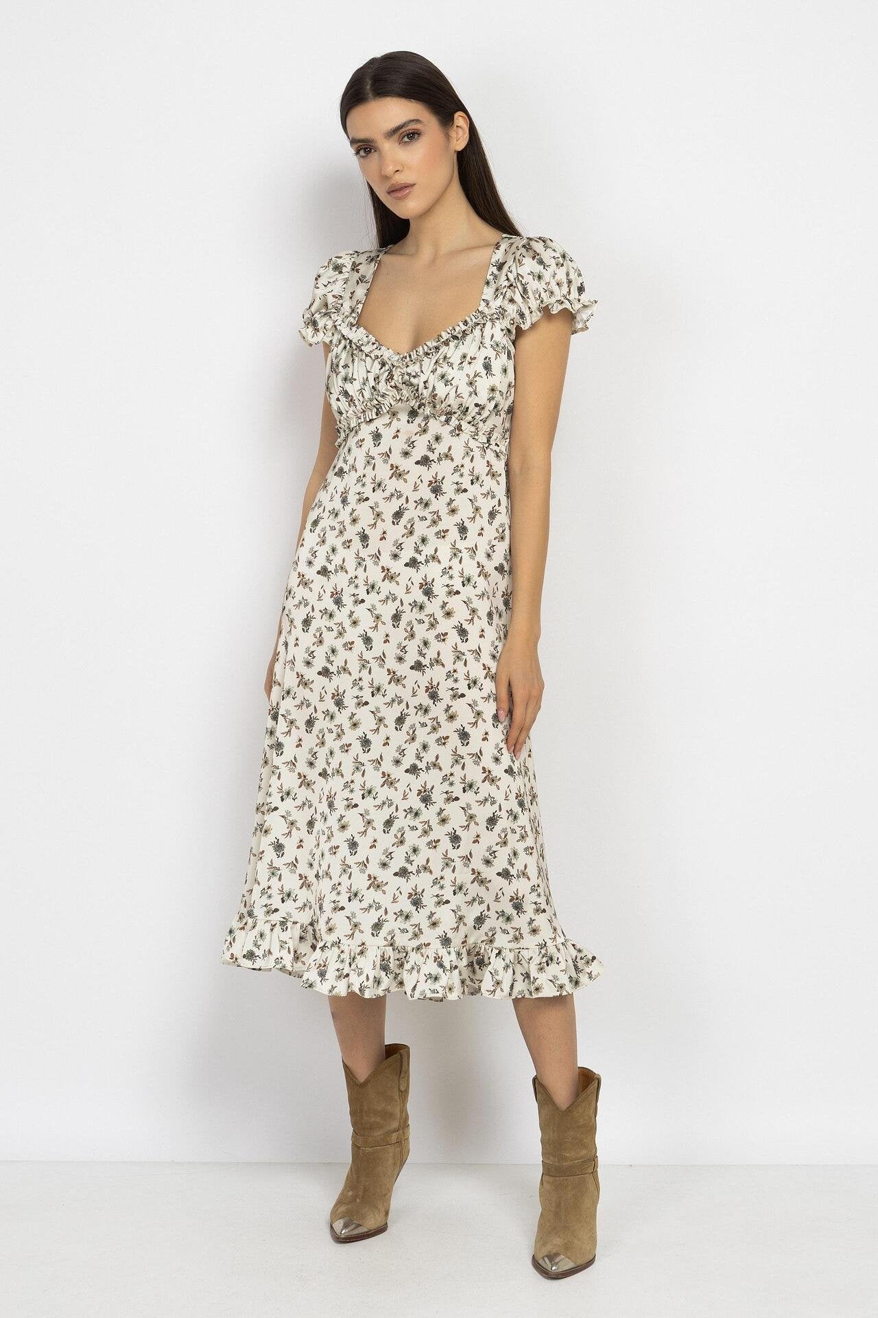 Floral Satin Midi Dress with Puff Sleeves