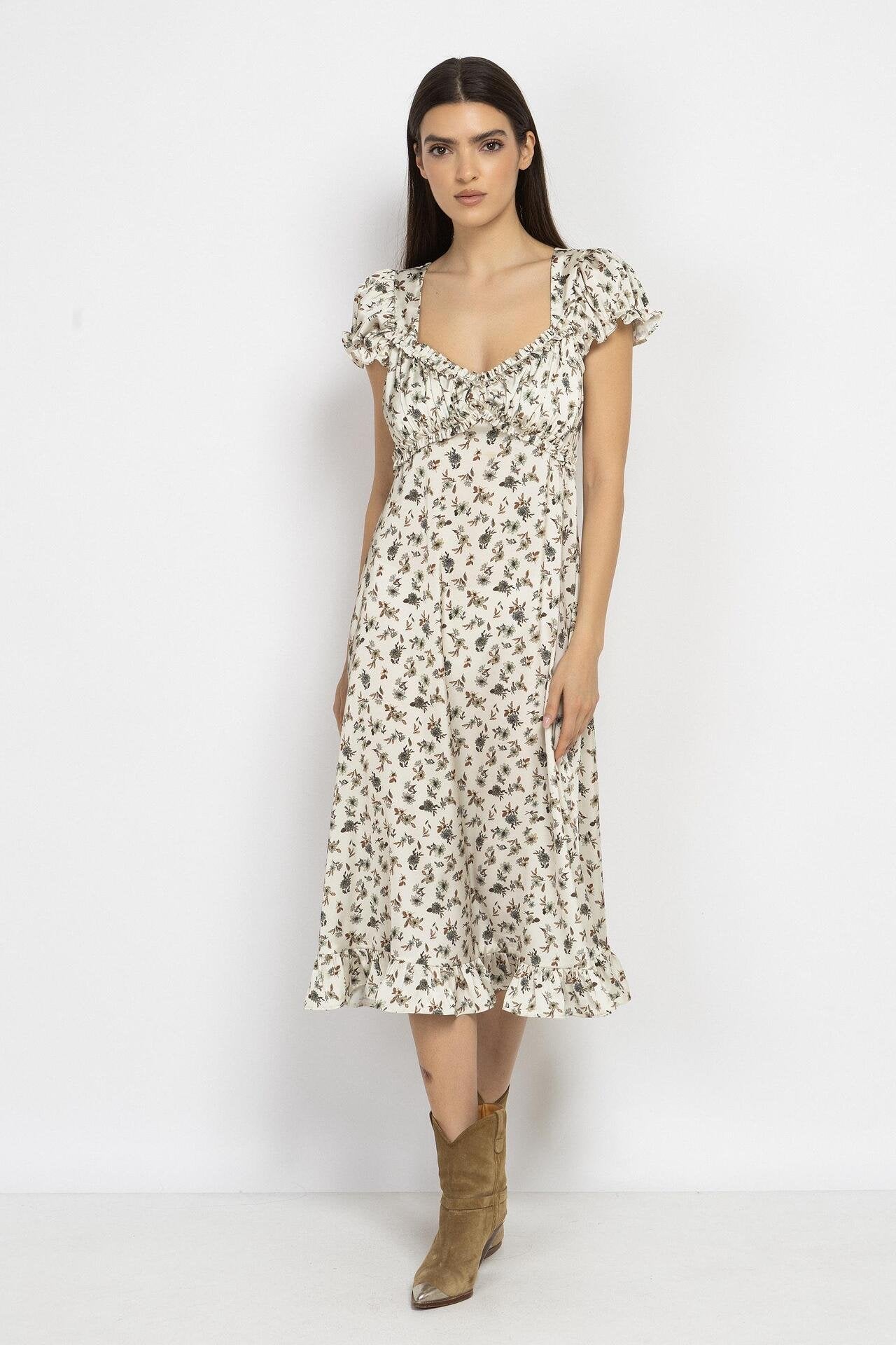 Floral Satin Midi Dress with Puff Sleeves