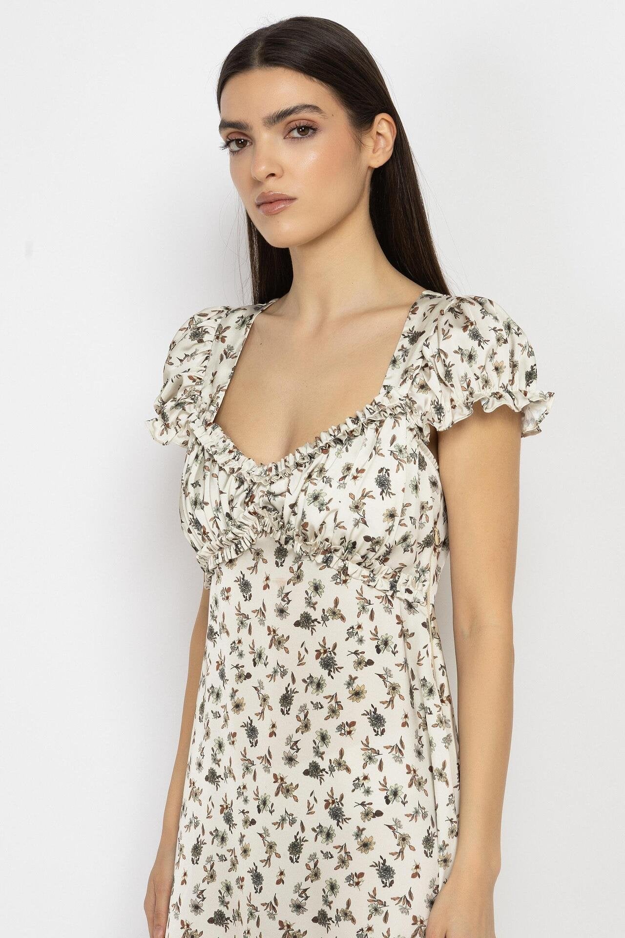 Floral Satin Midi Dress with Puff Sleeves