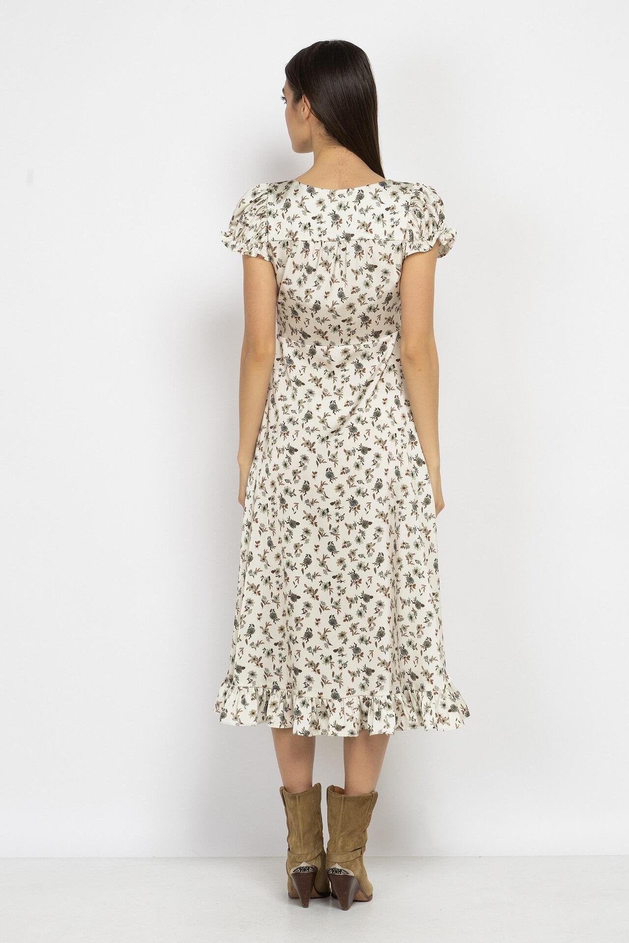 Floral Satin Midi Dress with Puff Sleeves