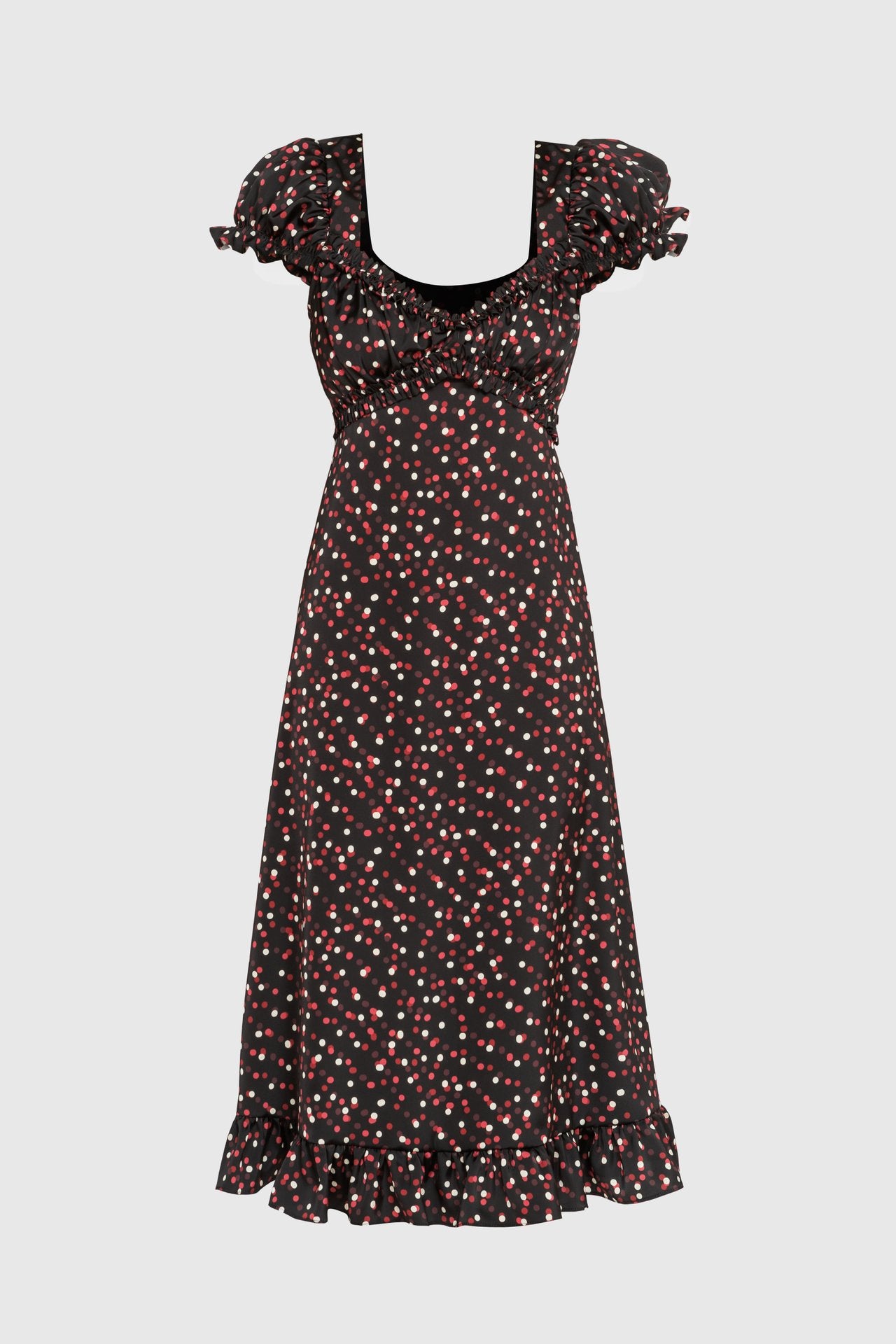 Black Polka Dot Satin Dress with Puff Sleeves