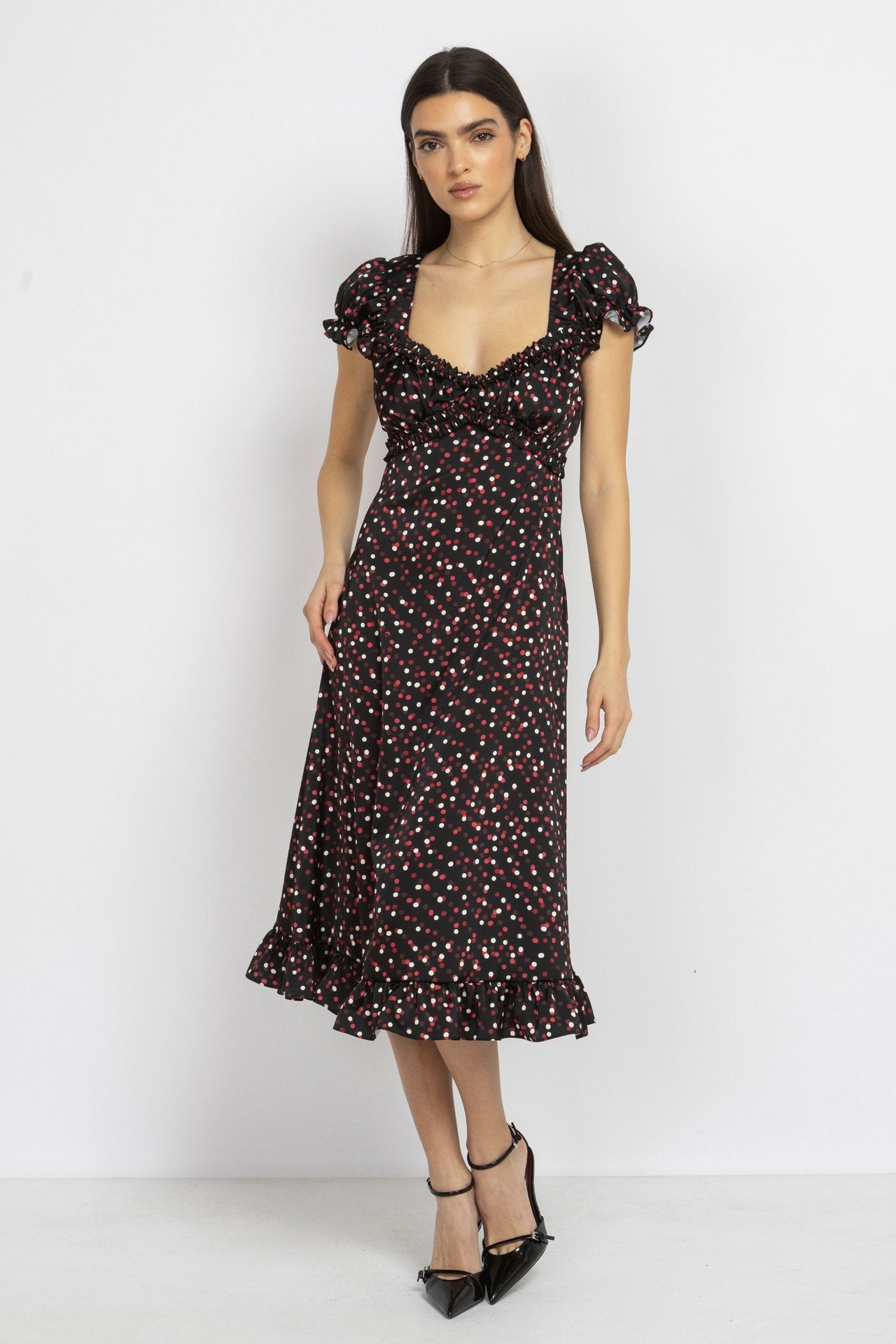 Black Polka Dot Satin Dress with Puff Sleeves