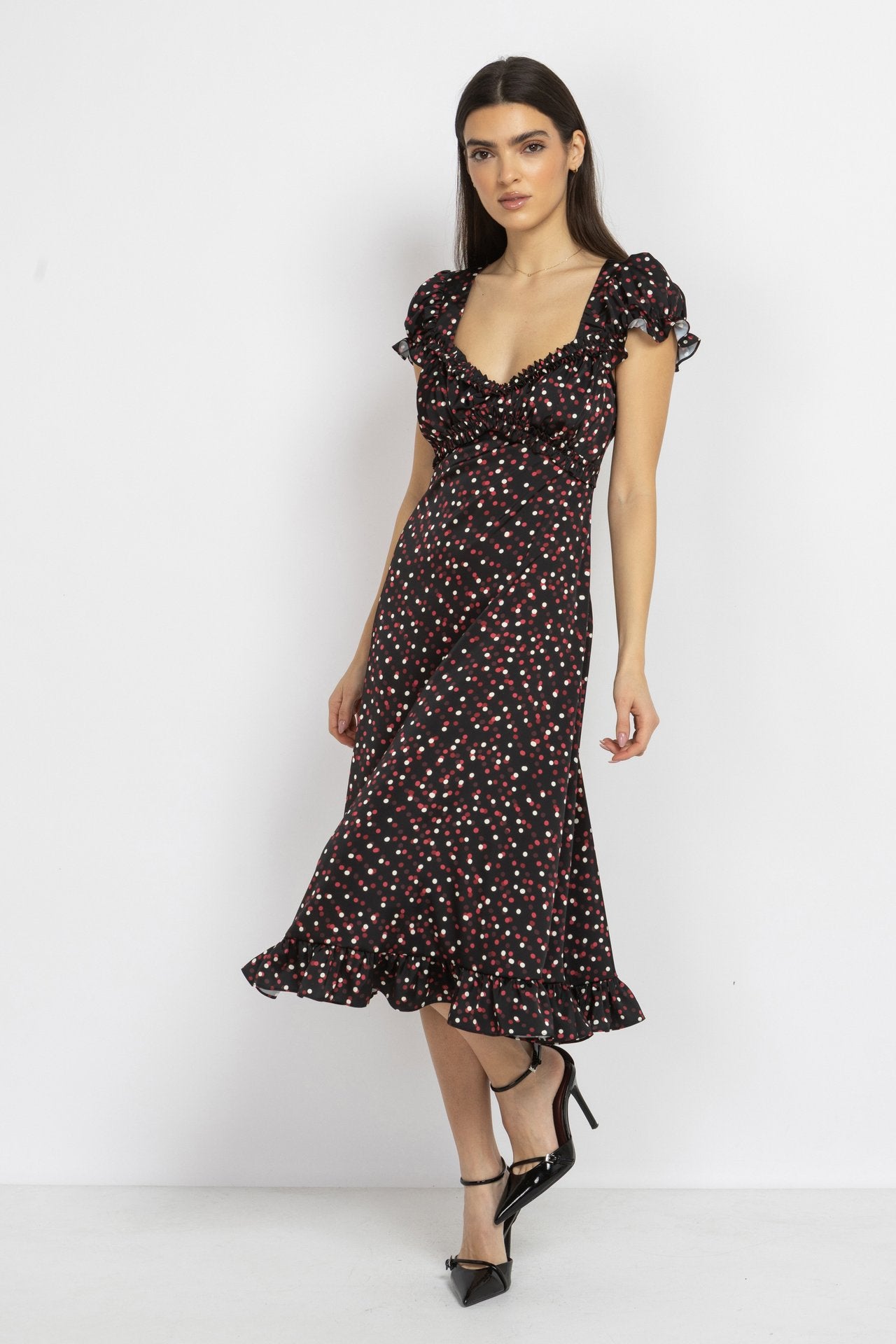 Black Polka Dot Satin Dress with Puff Sleeves