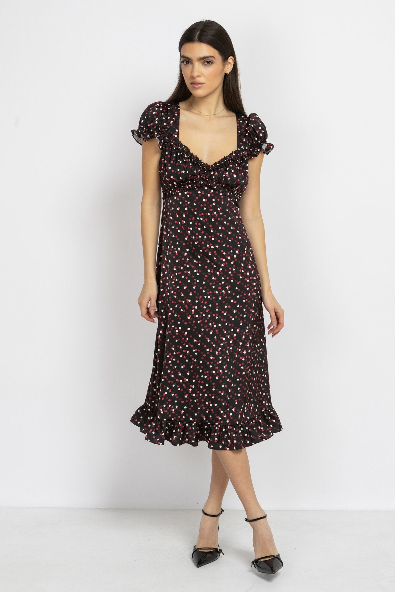 Black Polka Dot Satin Dress with Puff Sleeves
