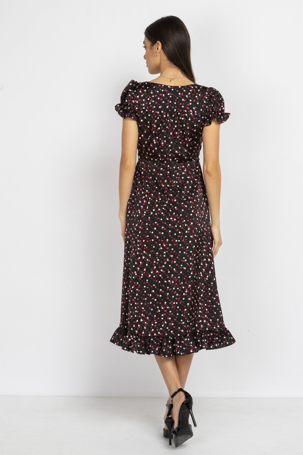 Black Polka Dot Satin Dress with Puff Sleeves