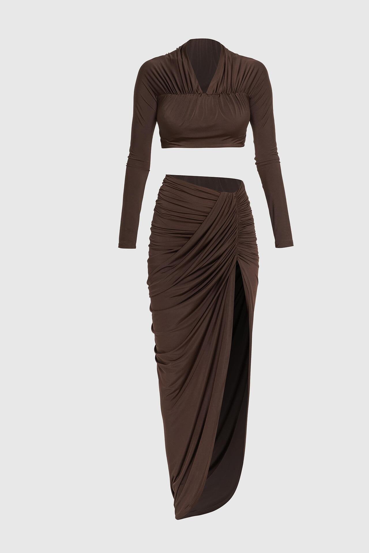 Brown Ruched Crop Top & Skirt Set