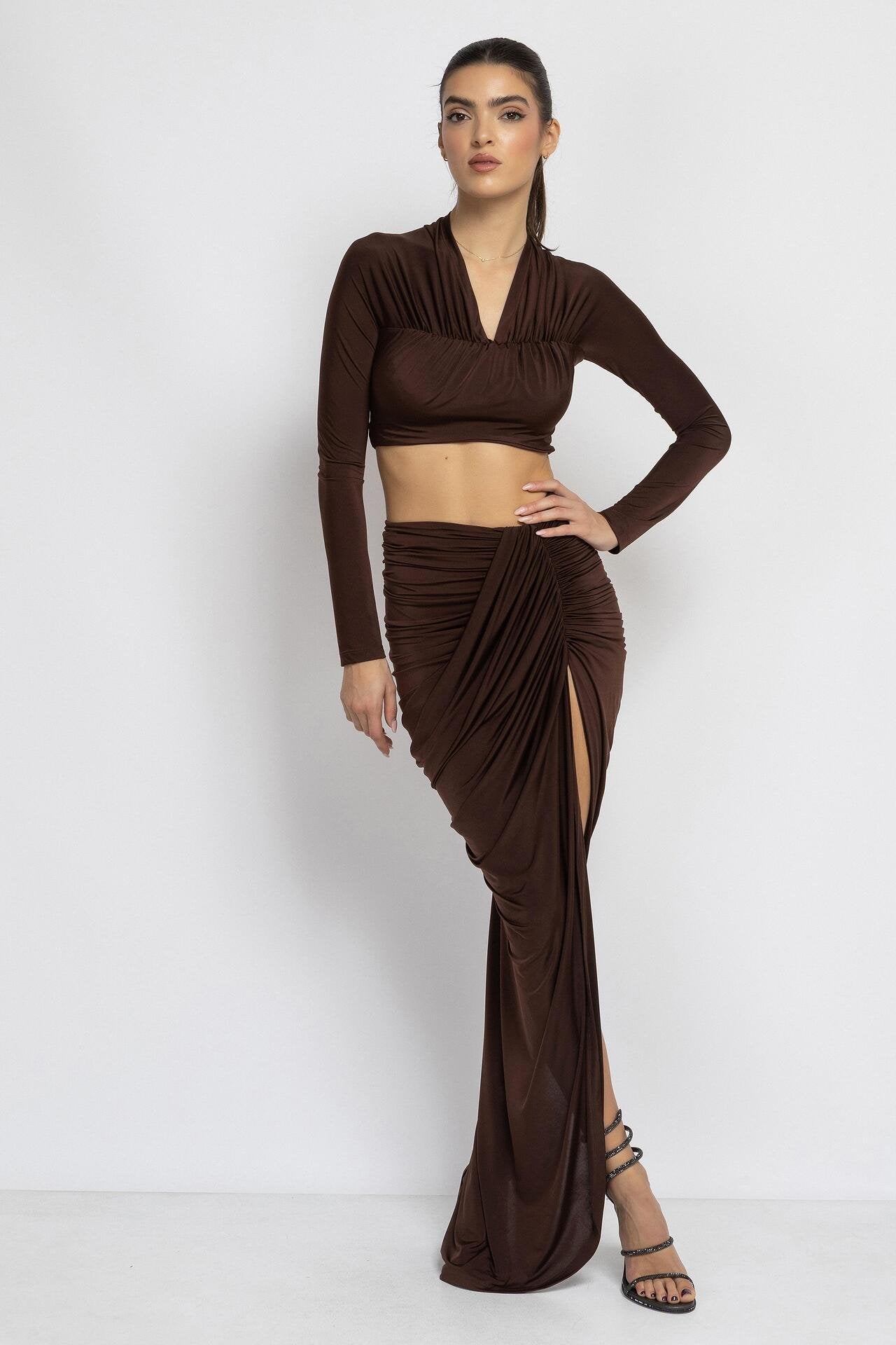 Brown Ruched Crop Top & Skirt Set