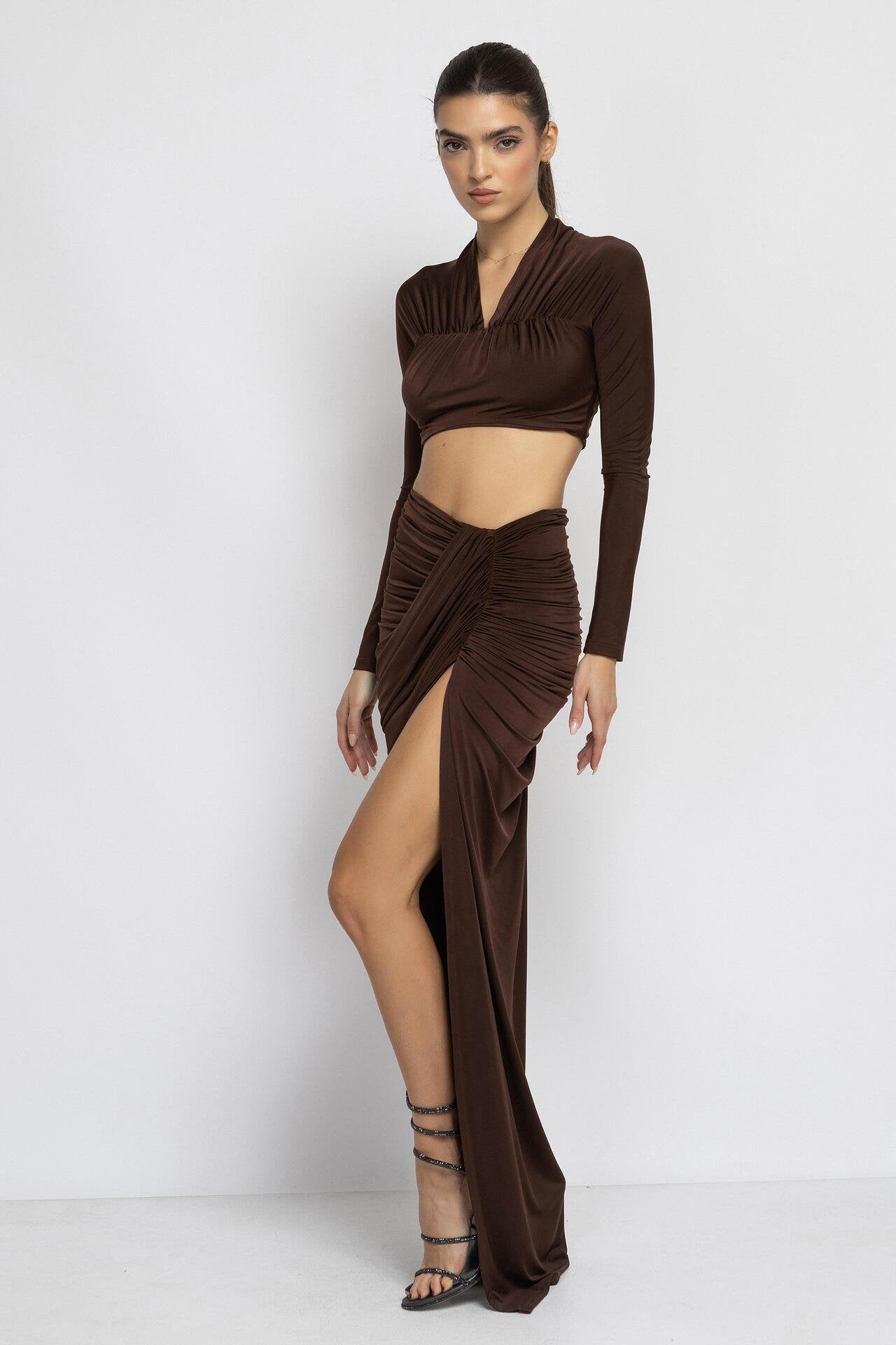 Brown Ruched Crop Top & Skirt Set