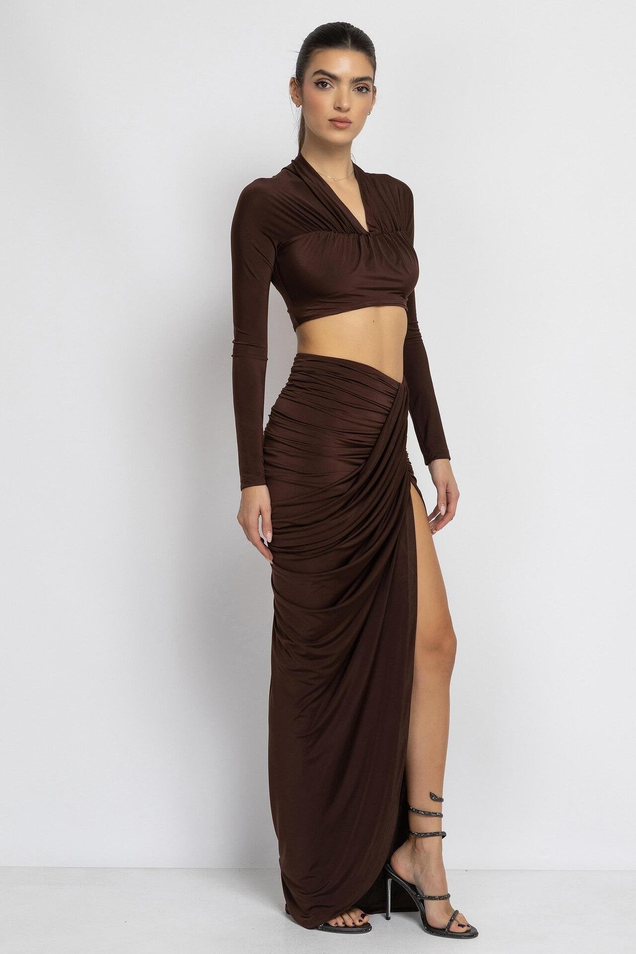 Brown Ruched Crop Top & Skirt Set