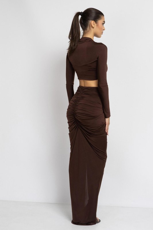 Brown Ruched Crop Top & Skirt Set
