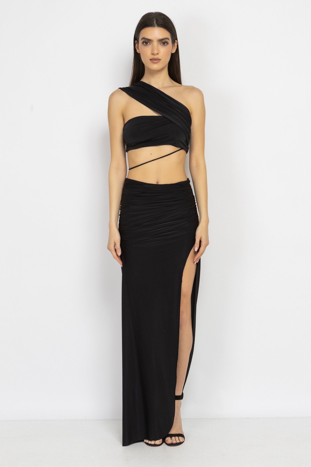 Black One-Shoulder Top & Ruched Skirt Set