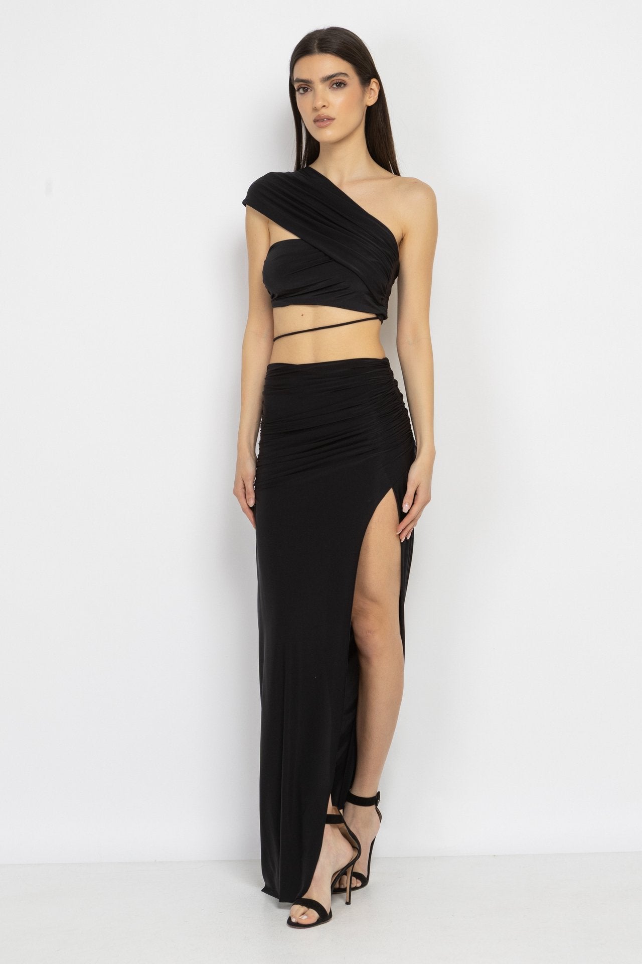 Black One-Shoulder Top & Ruched Skirt Set