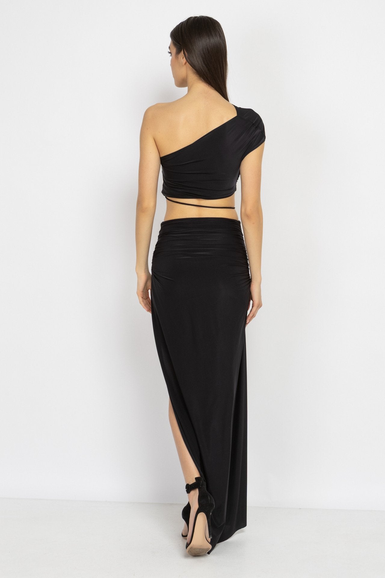 Black One-Shoulder Top & Ruched Skirt Set