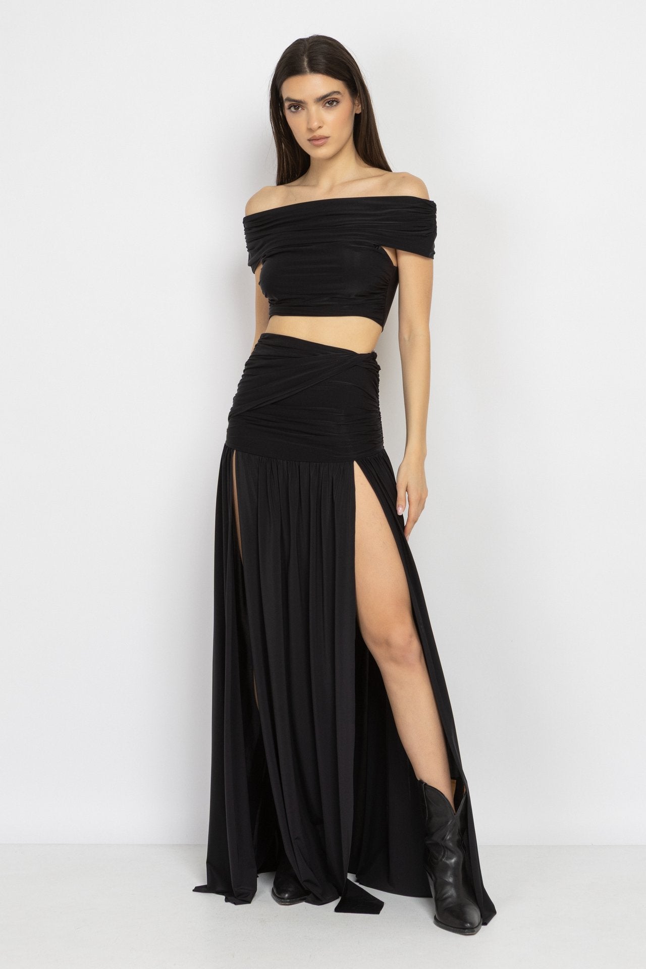 Black Off-Shoulder Top & Split Skirt Set