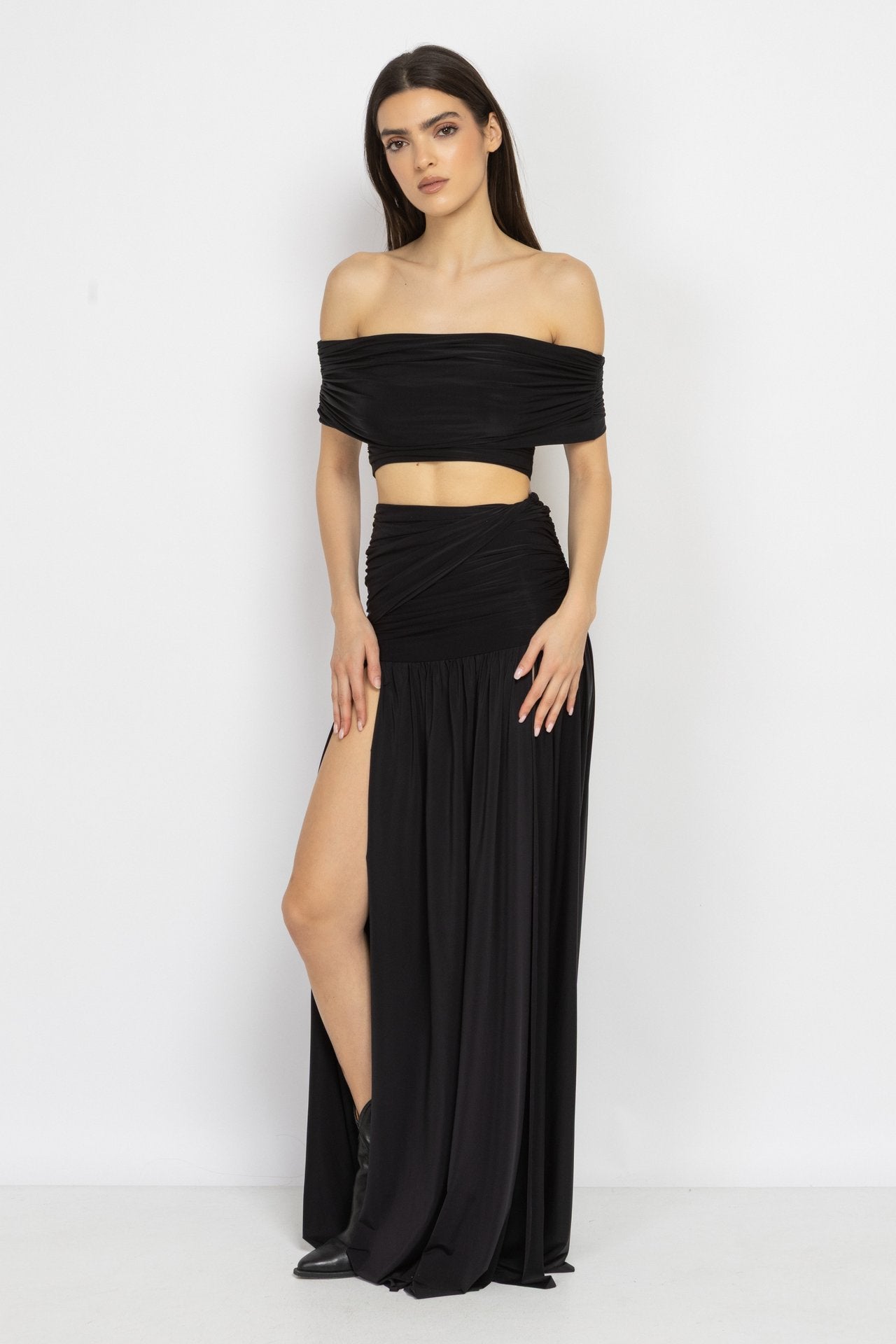 Black Off-Shoulder Top & Split Skirt Set
