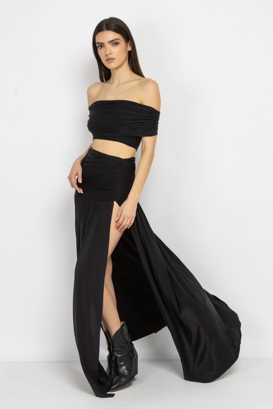 Black Off-Shoulder Top & Split Skirt Set