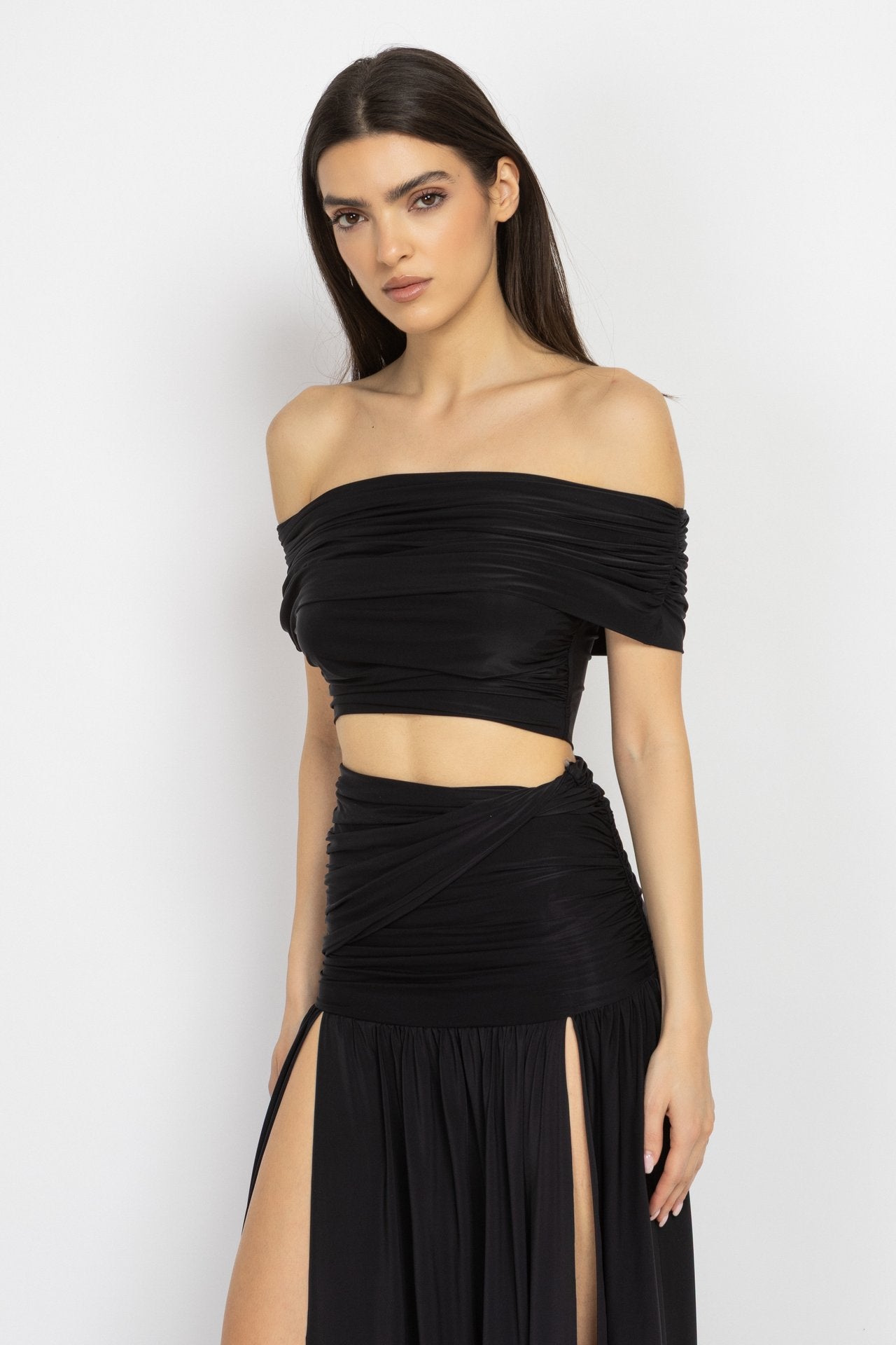 Black Off-Shoulder Top & Split Skirt Set
