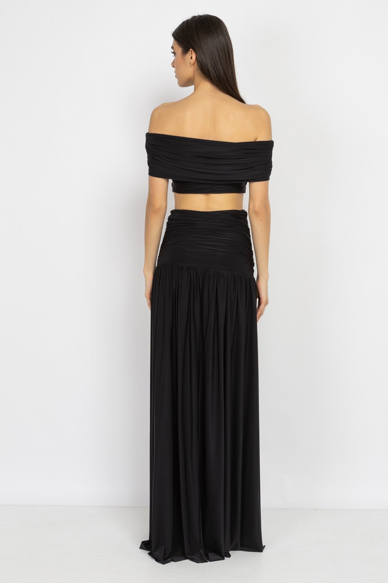 Black Off-Shoulder Top & Split Skirt Set