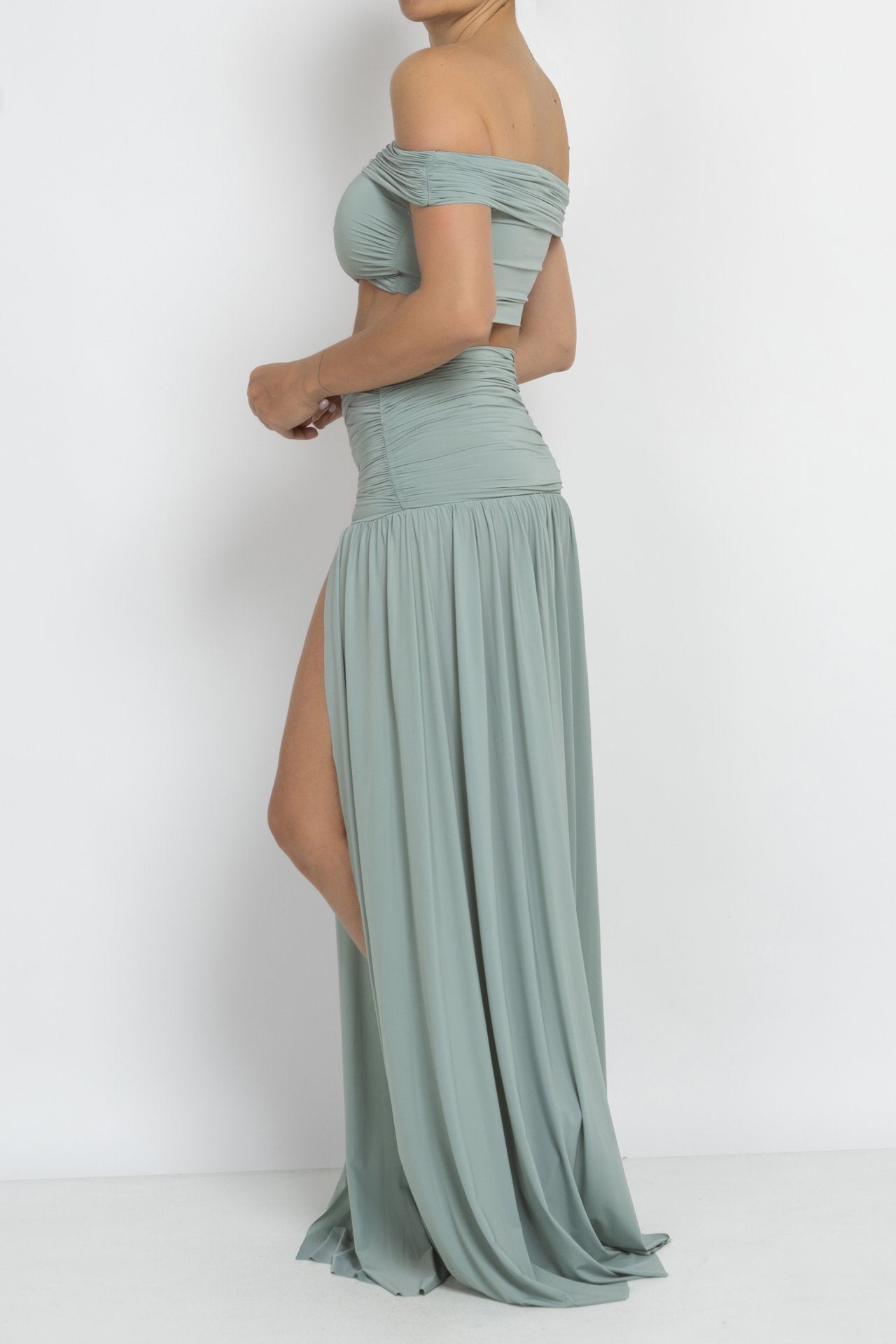 Mint Off-Shoulder Top & Split Skirt Set