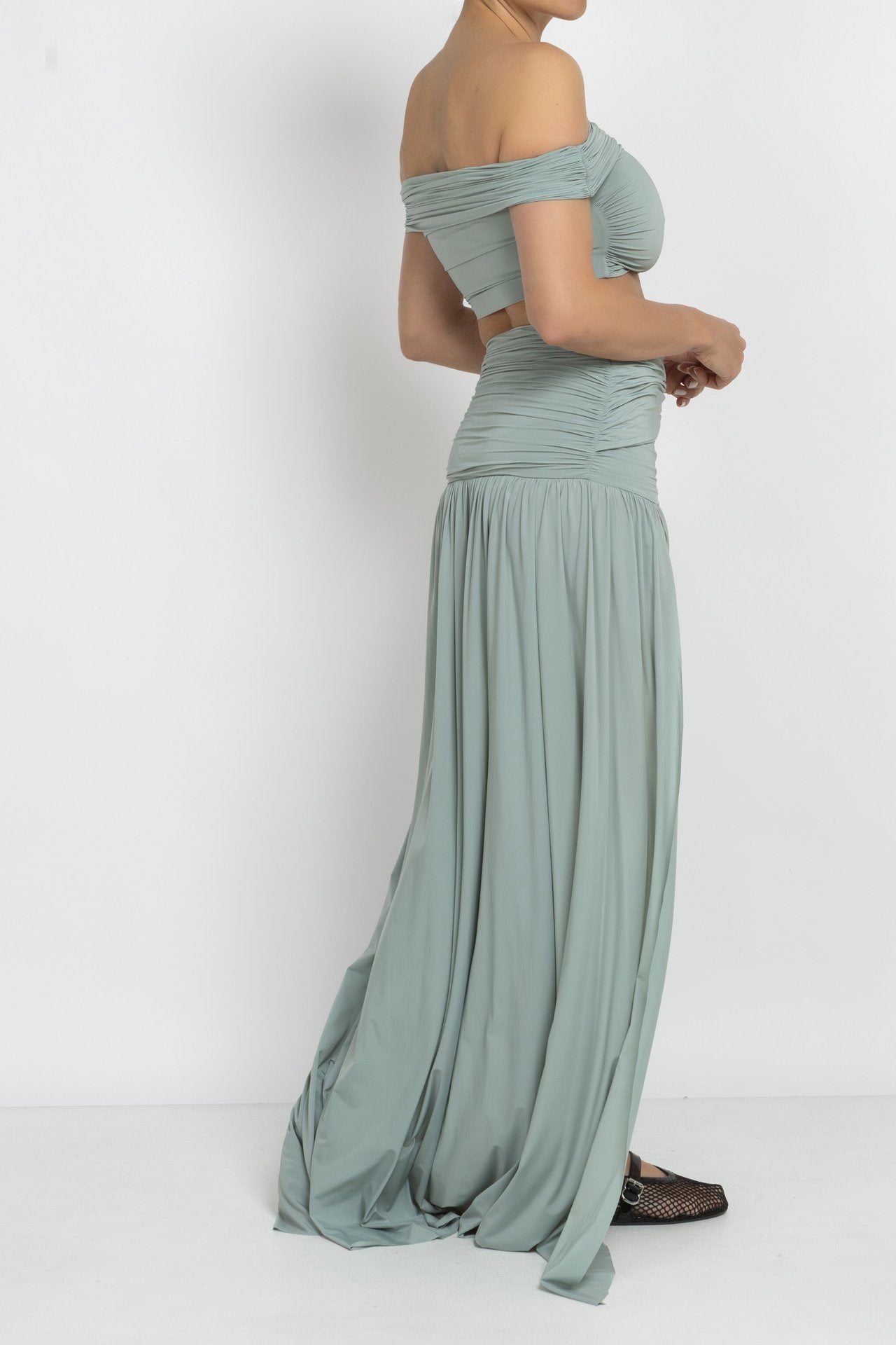 Mint Off-Shoulder Top & Split Skirt Set