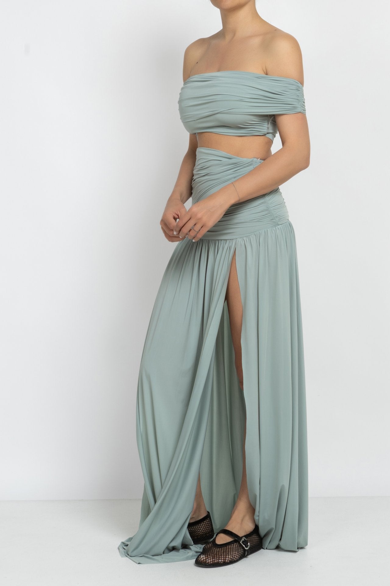 Mint Off-Shoulder Top & Split Skirt Set