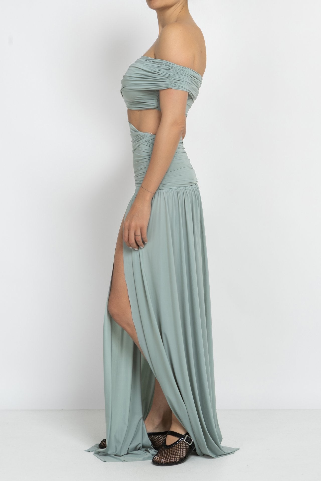 Mint Off-Shoulder Top & Split Skirt Set
