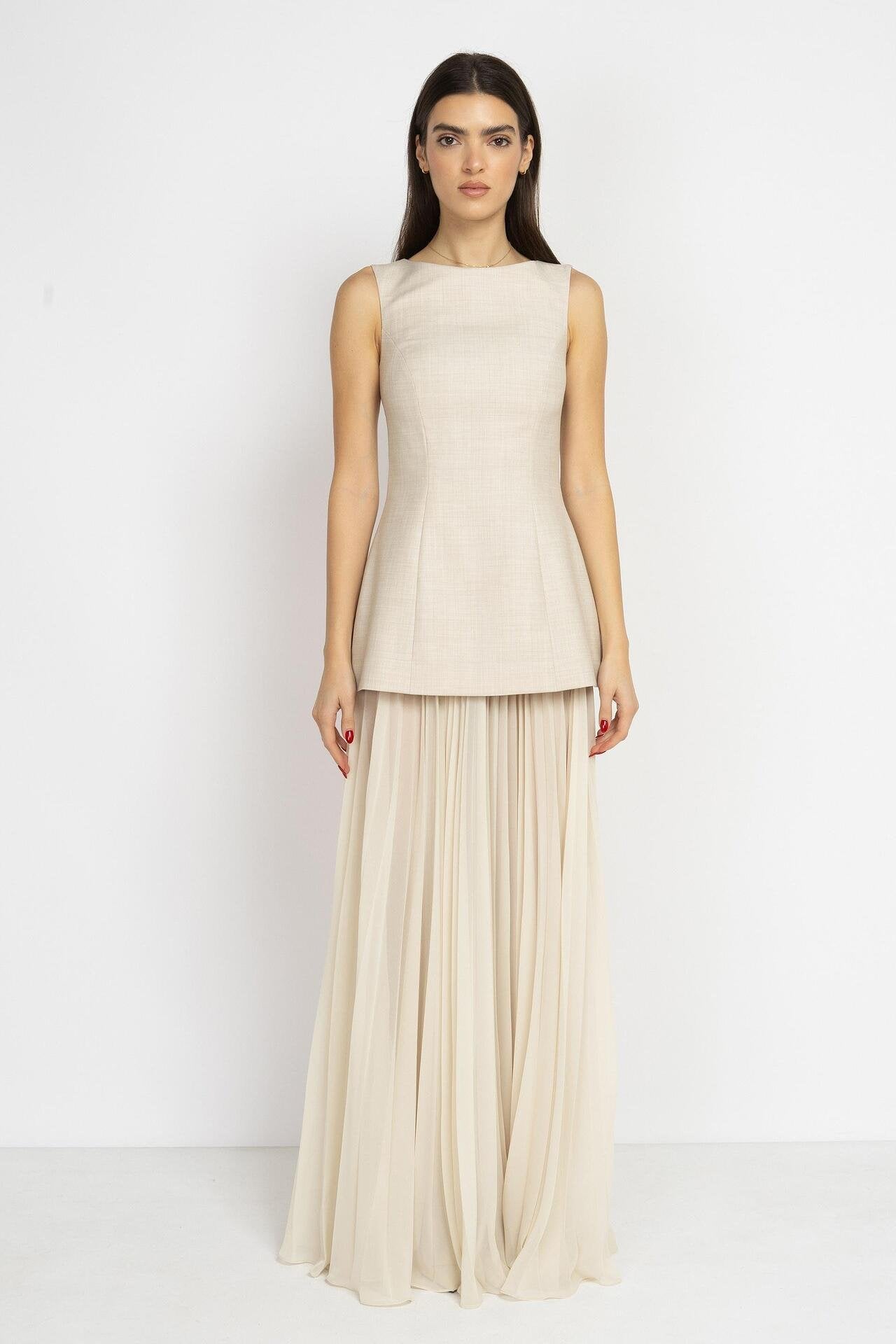 Ecru Chiffon Pleated Maxi Skirt