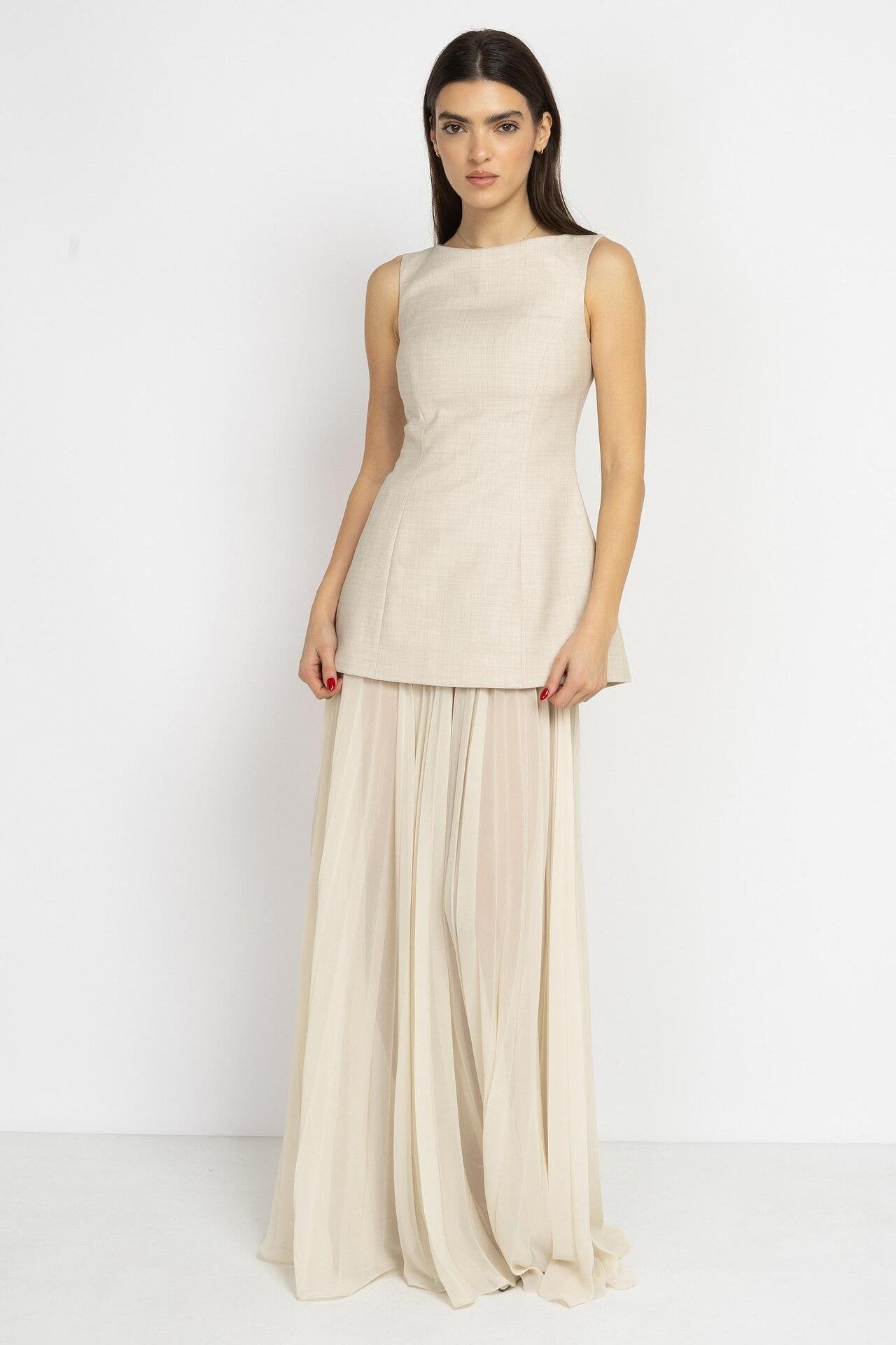 Ecru Chiffon Pleated Maxi Skirt