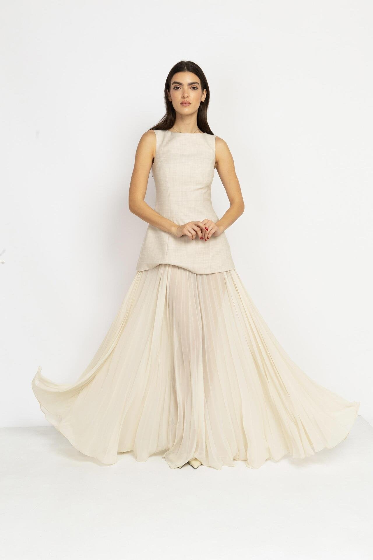 Ecru Chiffon Pleated Maxi Skirt
