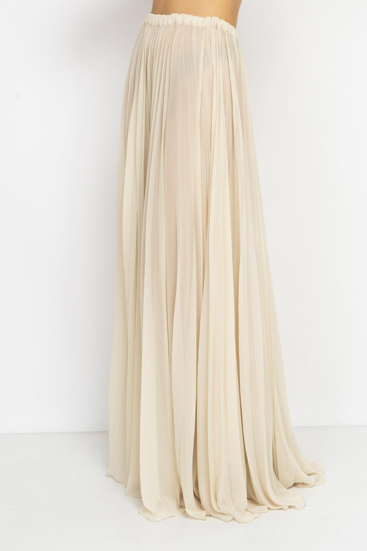 Ecru Chiffon Pleated Maxi Skirt