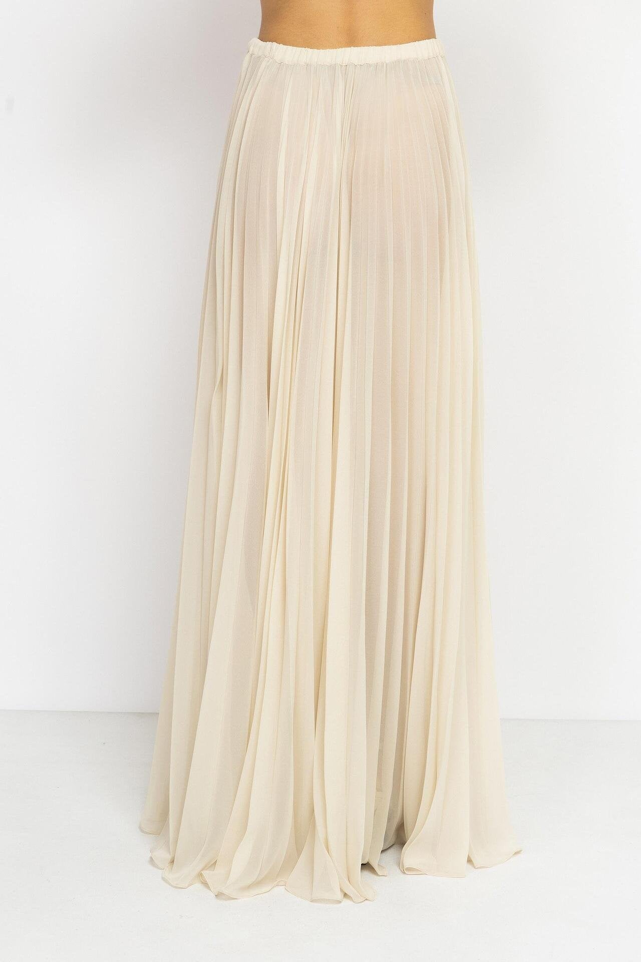 Ecru Chiffon Pleated Maxi Skirt