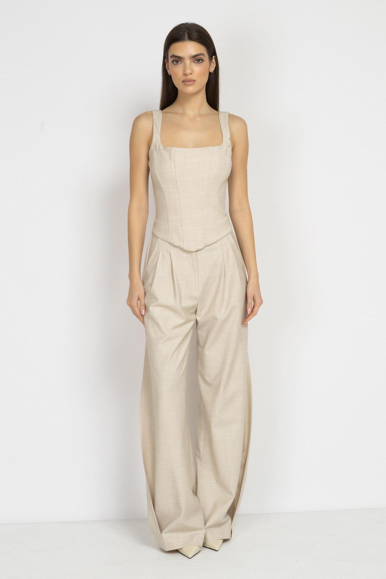 Ecru Wide-Leg Wool Trousers with Side Detail
