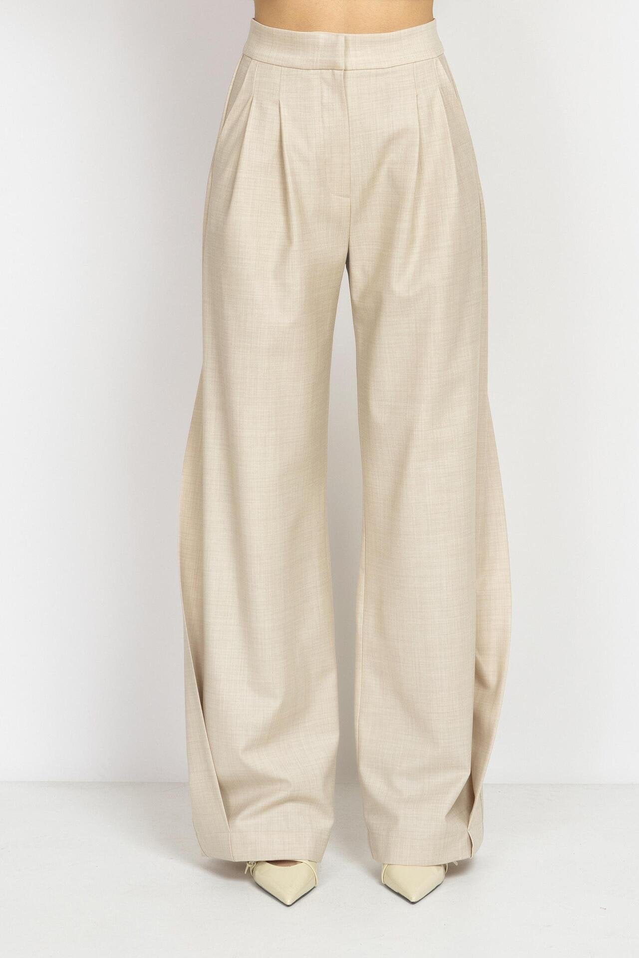 Ecru Wide-Leg Wool Trousers with Side Detail