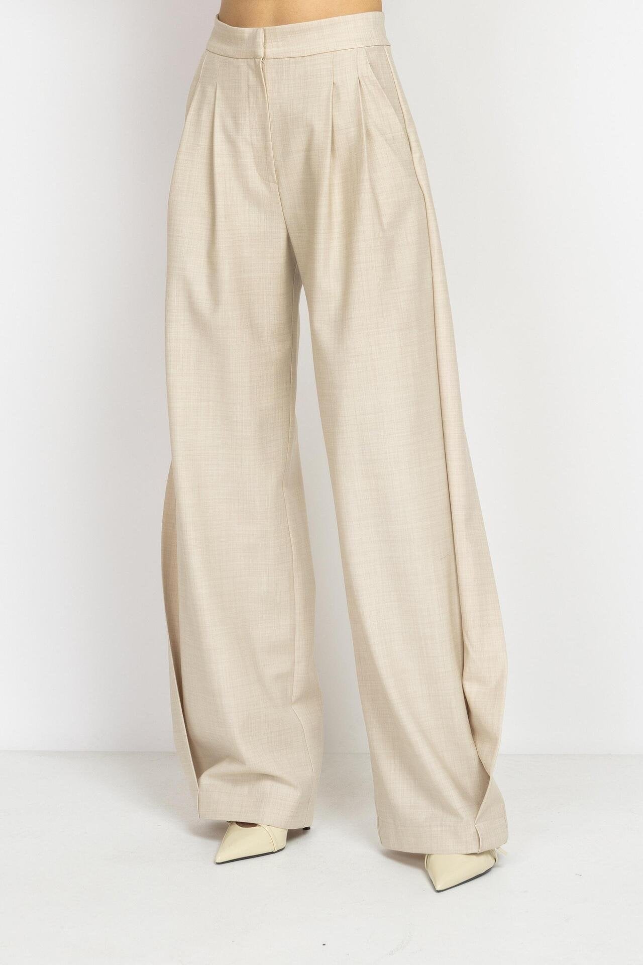 Ecru Wide-Leg Wool Trousers with Side Detail