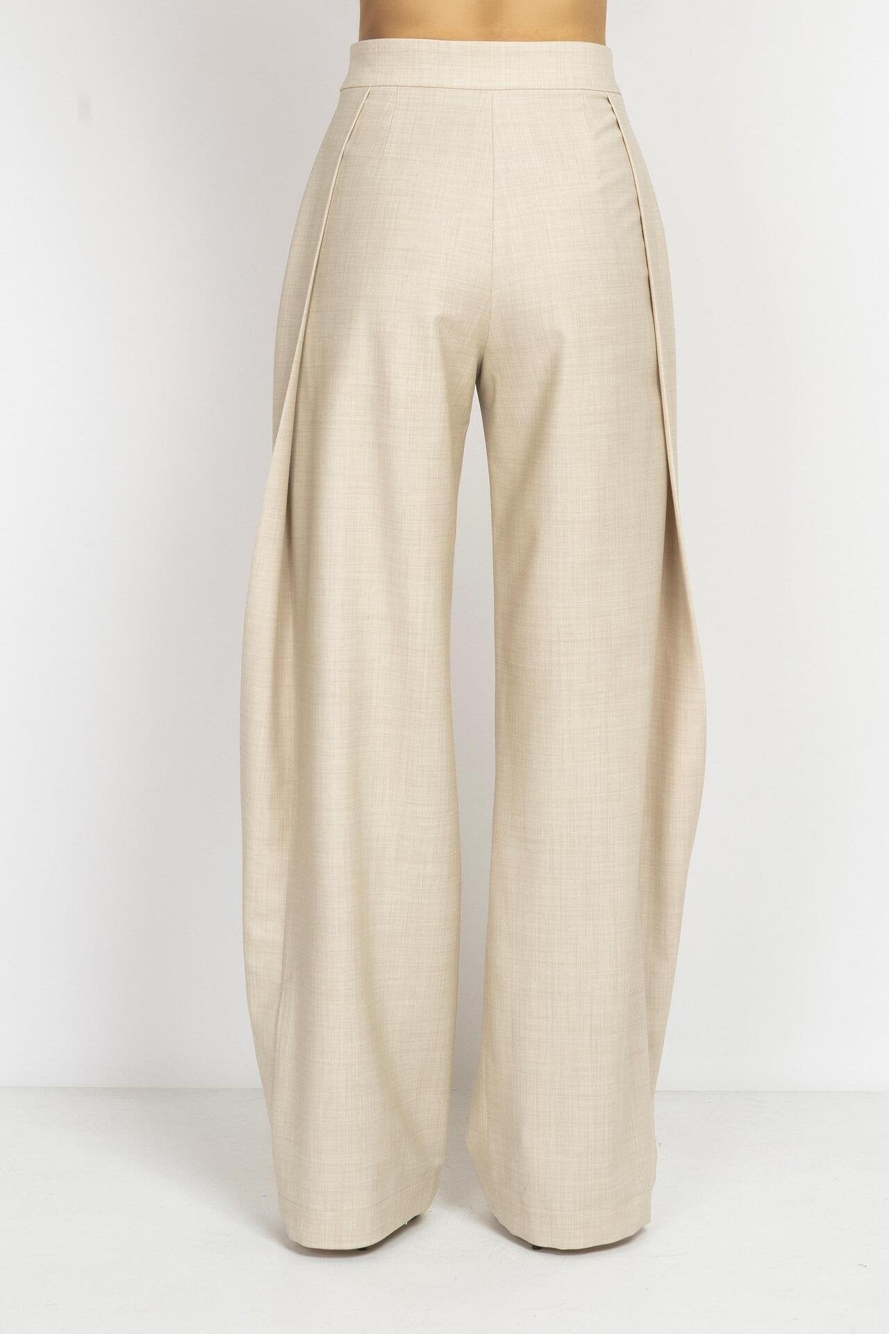 Ecru Wide-Leg Wool Trousers with Side Detail