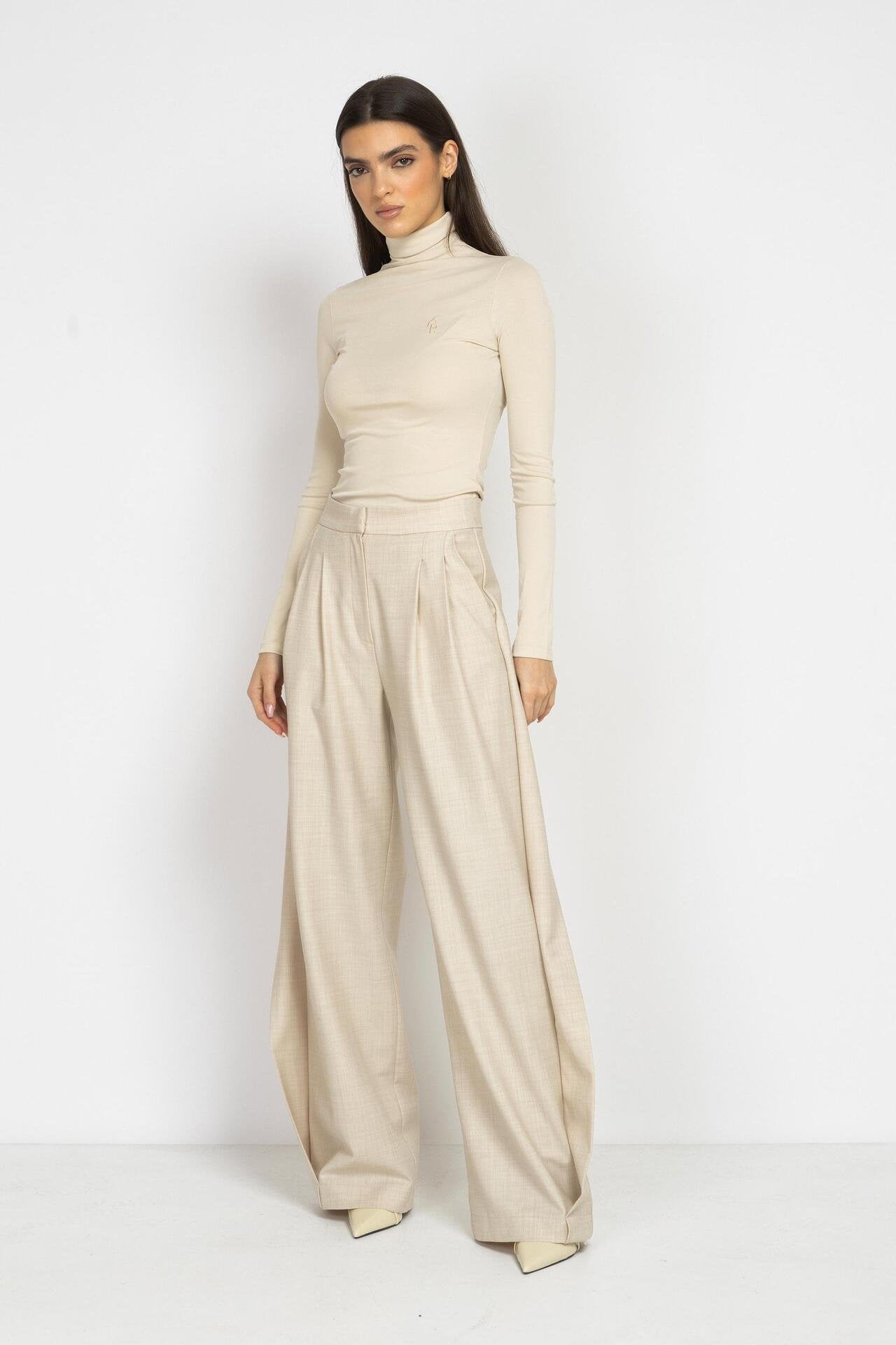 Ecru Wide-Leg Wool Trousers with Side Detail