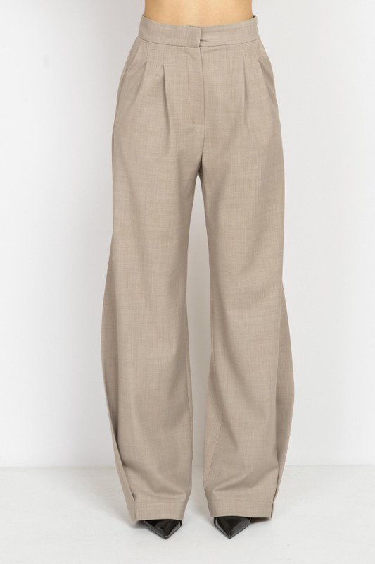 Mocha Wide-Leg Wool Trousers with Side Detail