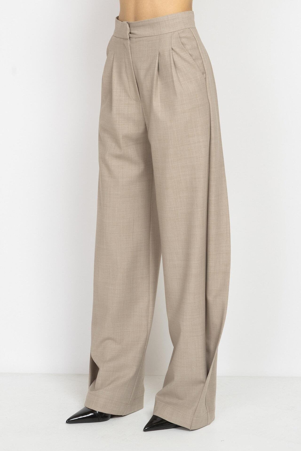 Mocha Wide-Leg Wool Trousers with Side Detail