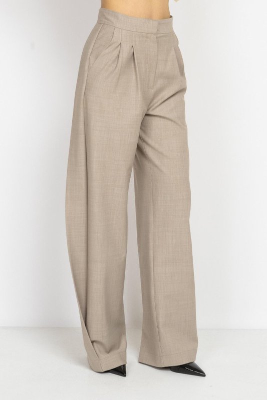 Mocha Wide-Leg Wool Trousers with Side Detail