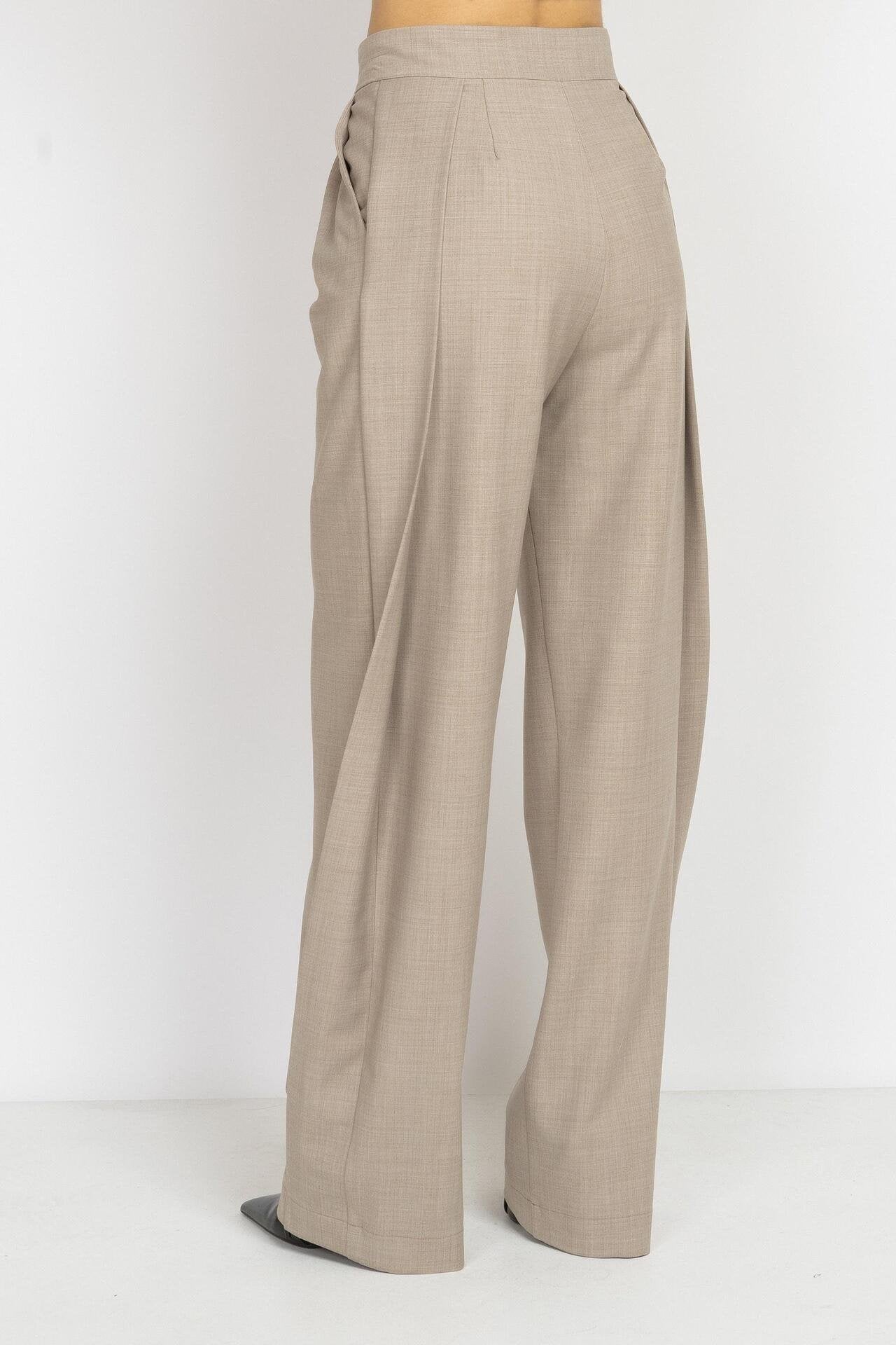 Mocha Wide-Leg Wool Trousers with Side Detail