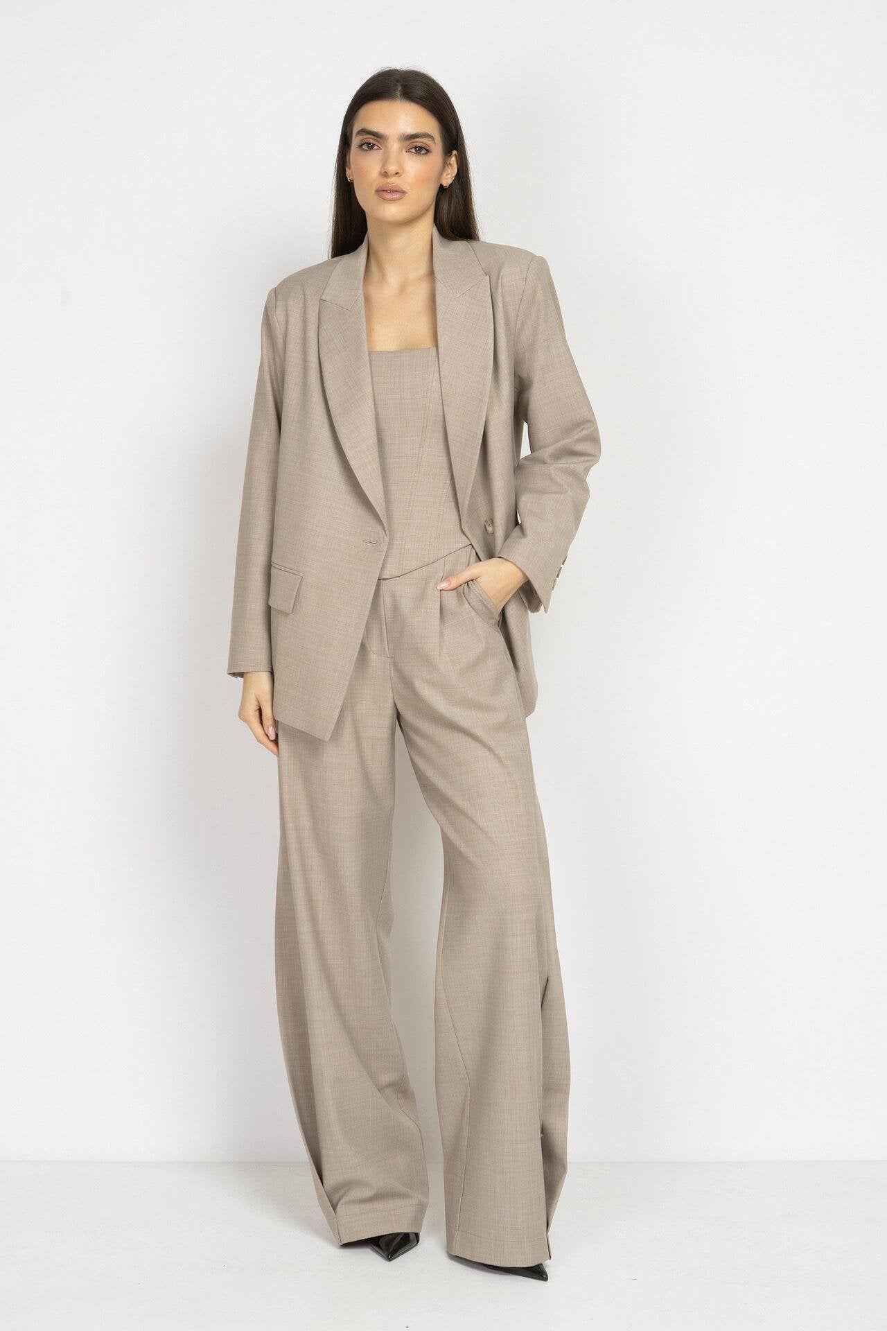 Mocha Wide-Leg Wool Trousers with Side Detail