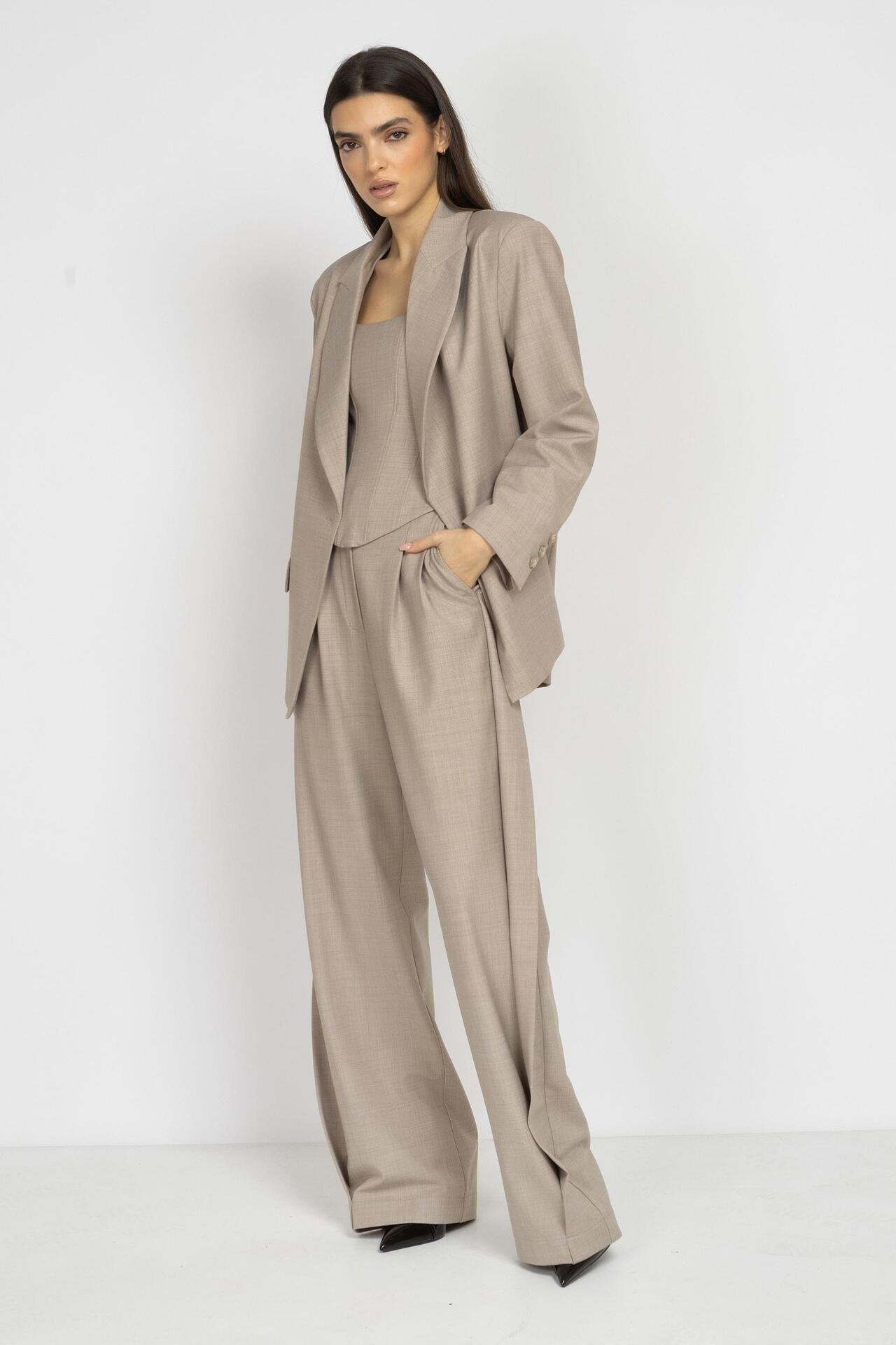 Mocha Wide-Leg Wool Trousers with Side Detail