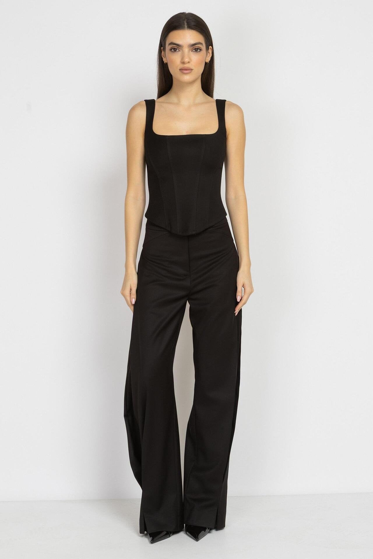 Wide Black Trousers with Asymmetrical Pleats