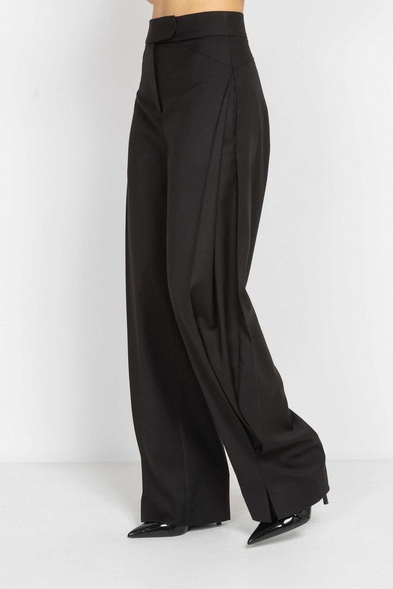 Wide Black Trousers with Asymmetrical Pleats