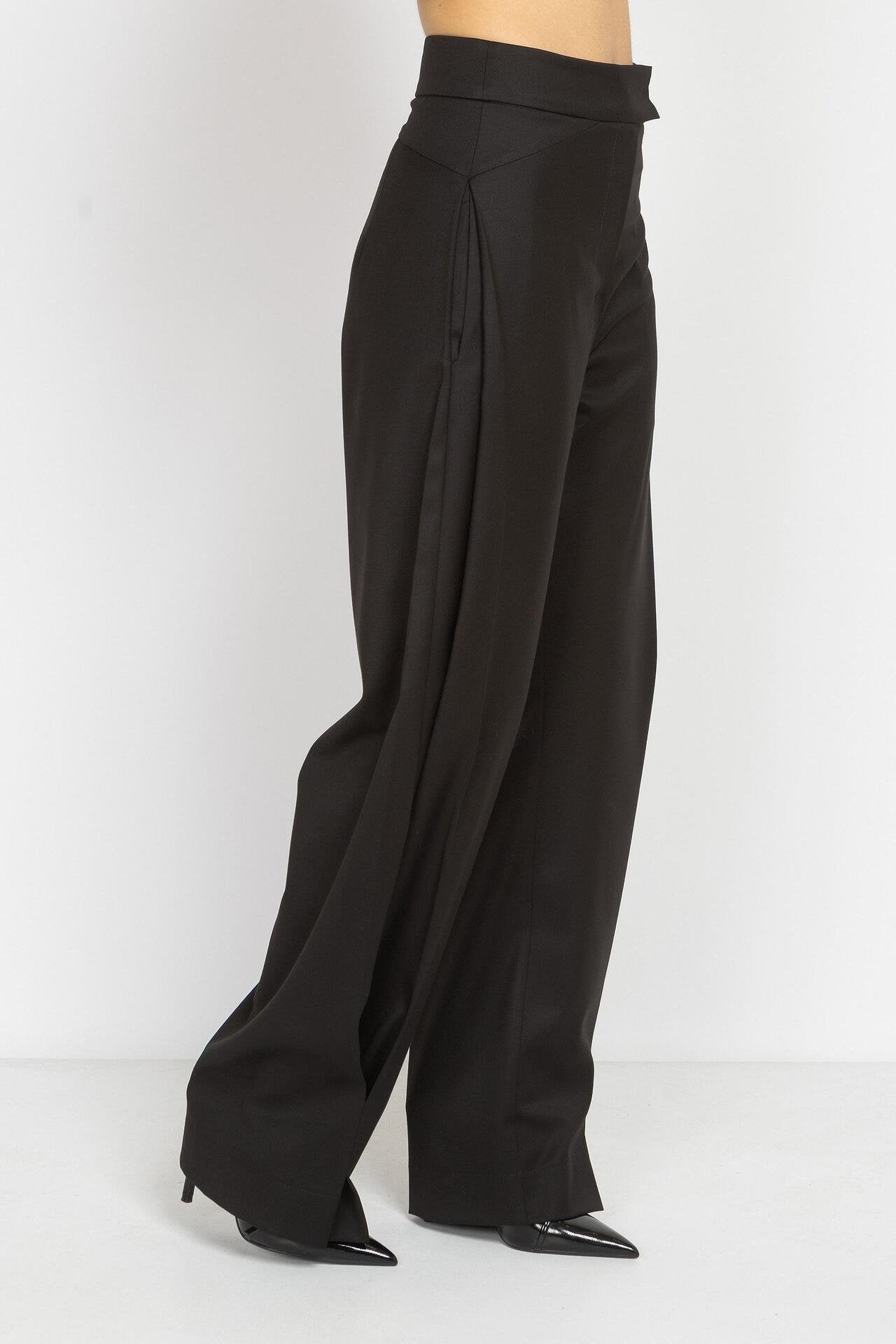 Wide Black Trousers with Asymmetrical Pleats