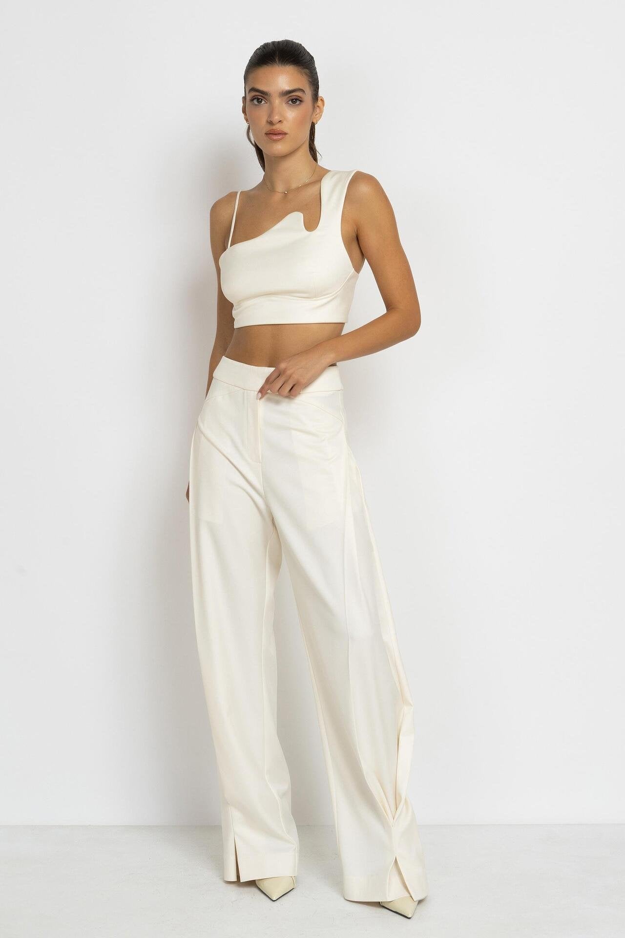 Ecru Wide-Leg Trousers with Asymmetrical Pleats